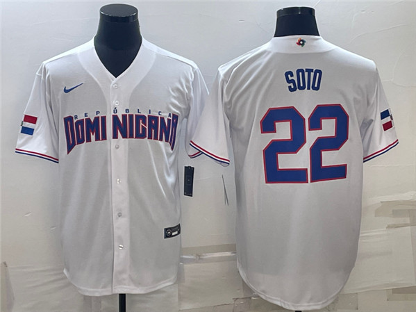 Men's Dominican Republic Baseball #22 Juan Soto 2023 White World Baseball Classic Stitched Jersey - Click Image to Close